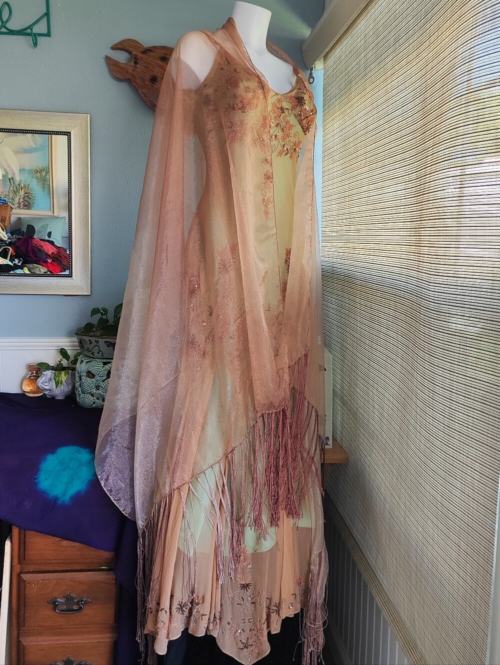 Papell Boutique Blush Green Beaded Fringe Maxi Dress
